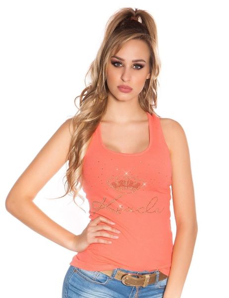 Cosmoda Collection Sexy fijnrip tanktop met strass steentjes koraal-kleurig