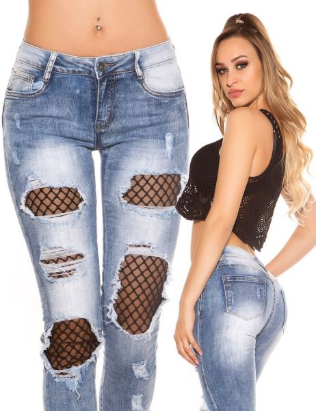 Cosmoda Collection Sexy skinny jeans distressed look met net jeansblauw