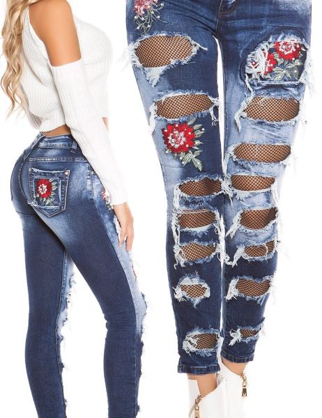 Cosmoda Collection Sexy skinny jeans extreem used look met borduurwerk jeansblauw