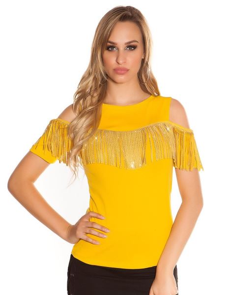 Cosmoda Collection Trendy blote schouder shirt met franjes & studs mosterdgeel