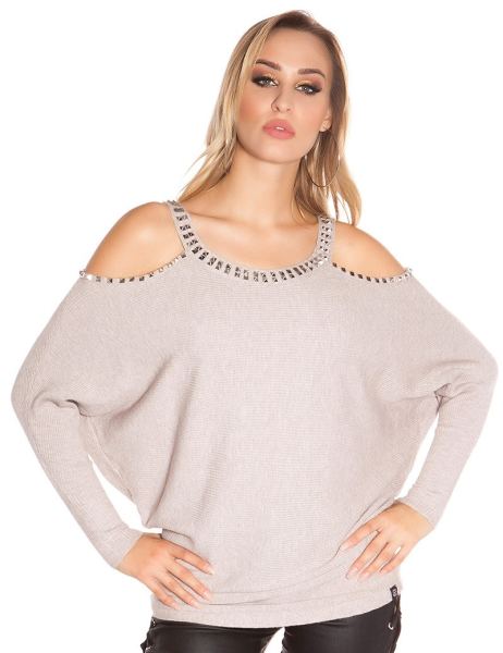 Cosmoda Collection Trendy blote schouder sweater-trui met klinknagels cappuccino