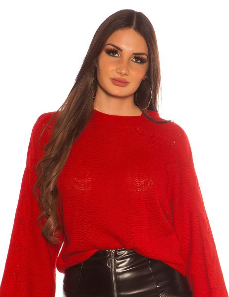 Cosmoda Collection Trendy capuchon gebreide trui met kabel patroon rood