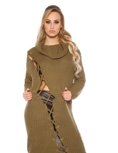 Cosmoda Collection Trendy grof gebreide jurk met xl kraag khaki