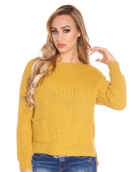 Cosmoda Collection Trendy grof gebreide sweater-trui met zakken mosterdgeel