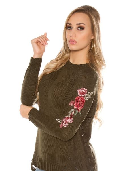 Cosmoda Collection Trendy lange trui met patches gebruikte used look khaki