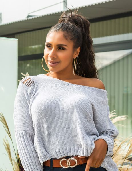 Cosmoda Collection Trendy oversized chenille pullover met capuchon grijs