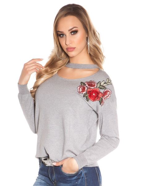 Cosmoda Collection Trendy pullover met bloemen borduurwerk grijs