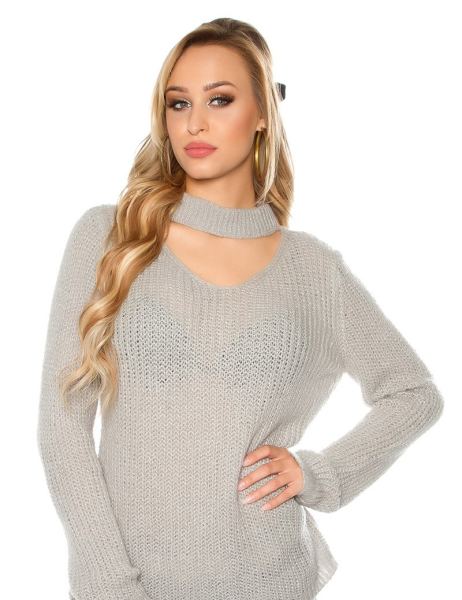 Cosmoda Collection Trendy xl grof gebreide mohair sweater-trui met uitsparing grijs