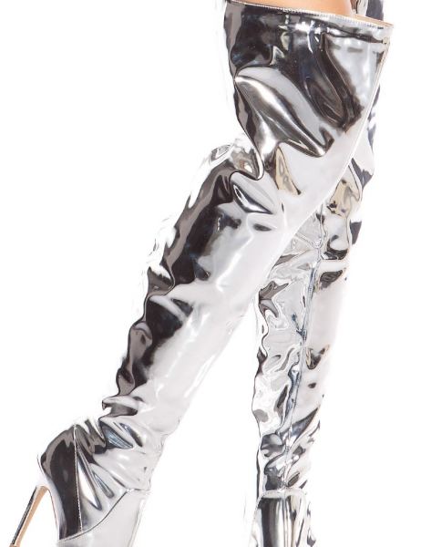 Cosmoda Collection Sexy Hoge Hak Overknee Laarzen Metallic Look Zilver