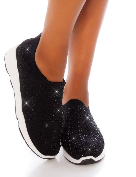 Cosmoda Collection Trendy Slip On Sneakers Met Glinsterende Stenen Zwart