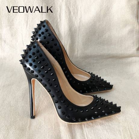 Veowalk Black Matte Women Full Punk Rivet...
