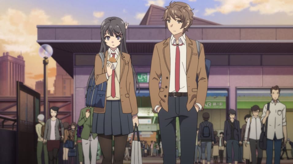 Two anime school students; their uniform is a brown blazer, white shirt, red tie and a black skirt or pants