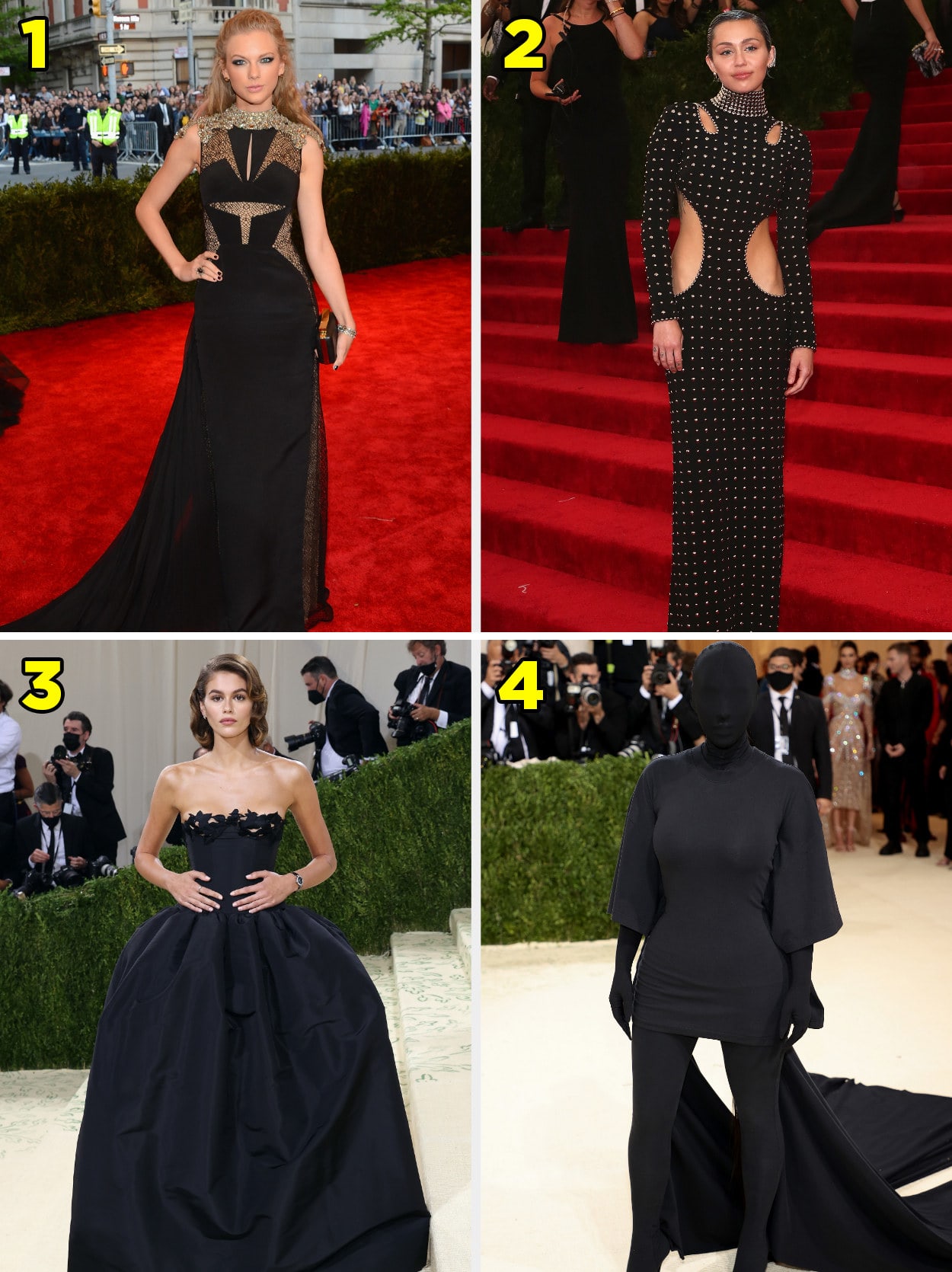 1. A long gown with sheer cutouts on the ribs and hips. 2. A long sleeved gown covered in studs. 3. A strapless ballgown. 4. A head to toe look totally covered in fabric so you can't see the person's face.