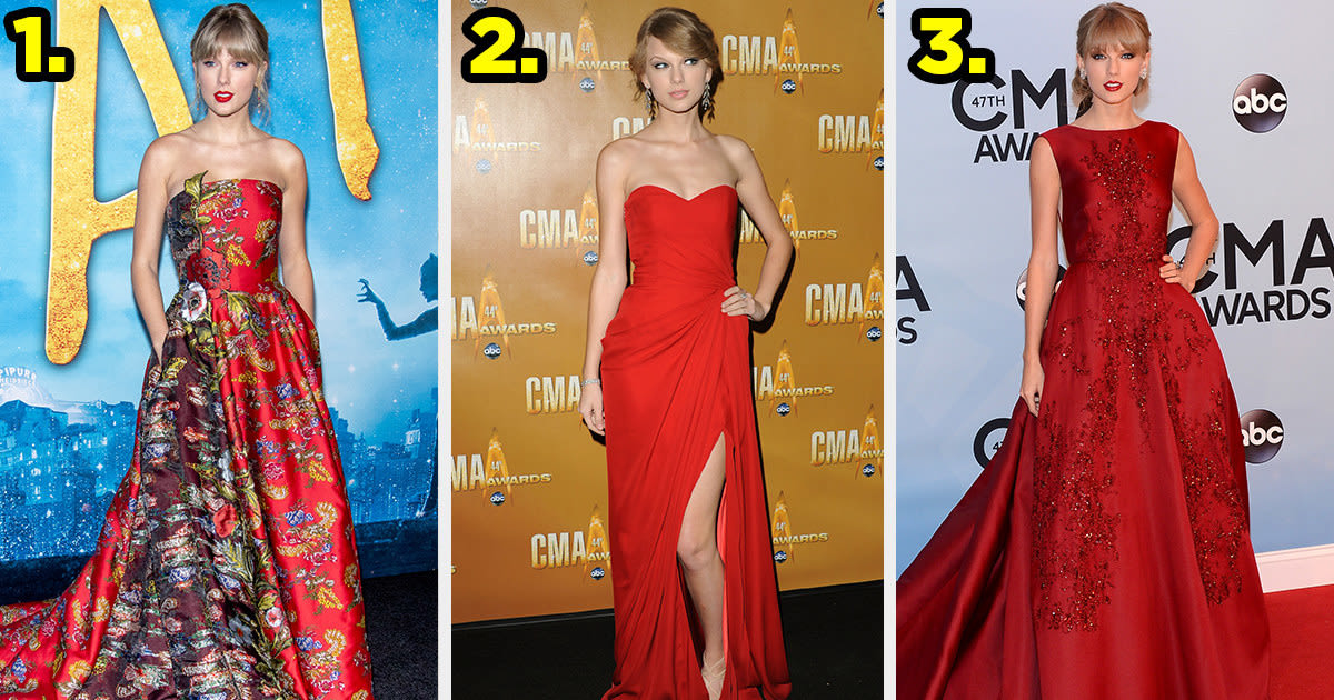 1. Taylor wears a two-tone strapless gown gown with flowers printed on it. 2. Taylor wears a red gown with a sweetheart neckline and a slit to her thigh. 3. Taylor wears a boat neck gown with jewels covering the dress.
