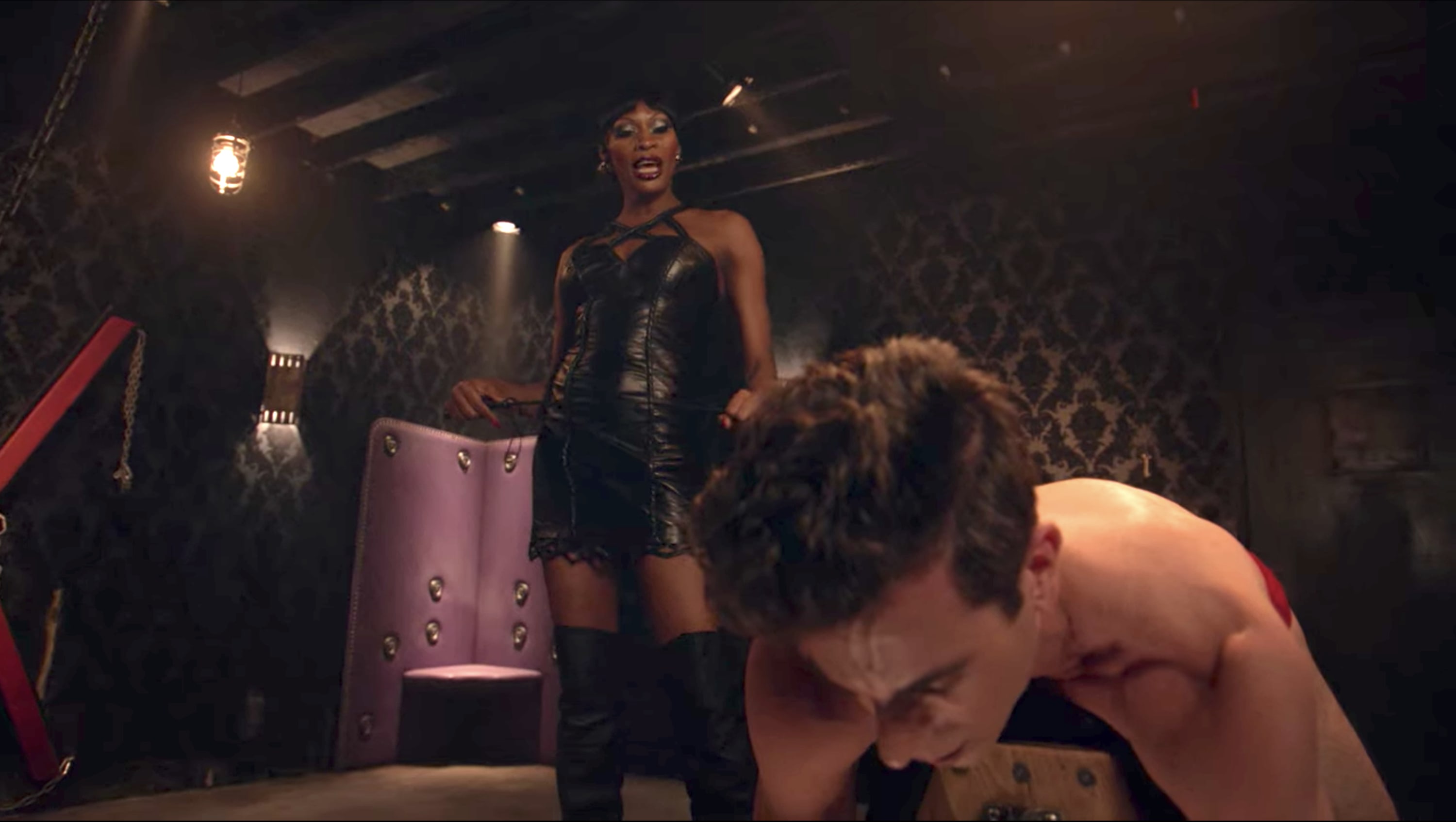Dominique Jackson as Elektra is a dominatrix in "Pose" and stands over her submissive