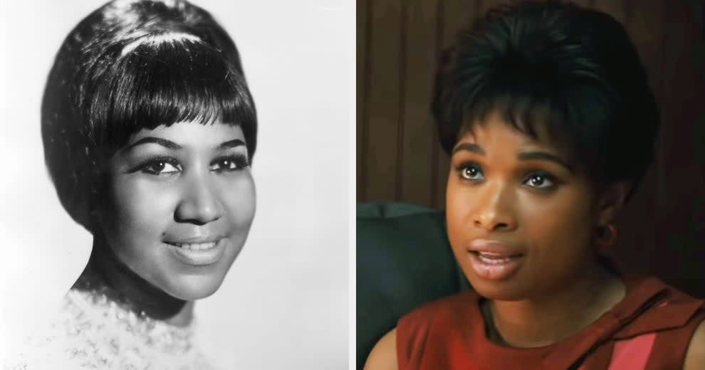 The portrait of Aretha Franklin next to the still of Jennifer Hudson as Aretha