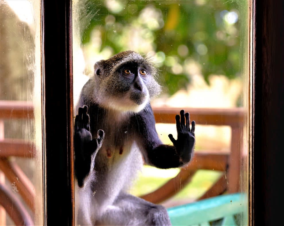 Curious monkey looking in a window
