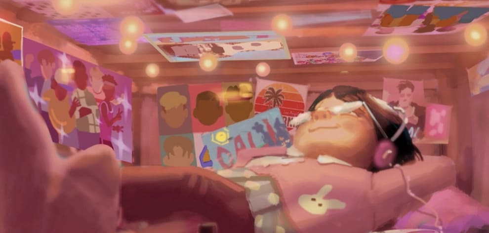 Concept art of Mei chilling in her shrine to her favorite boy band