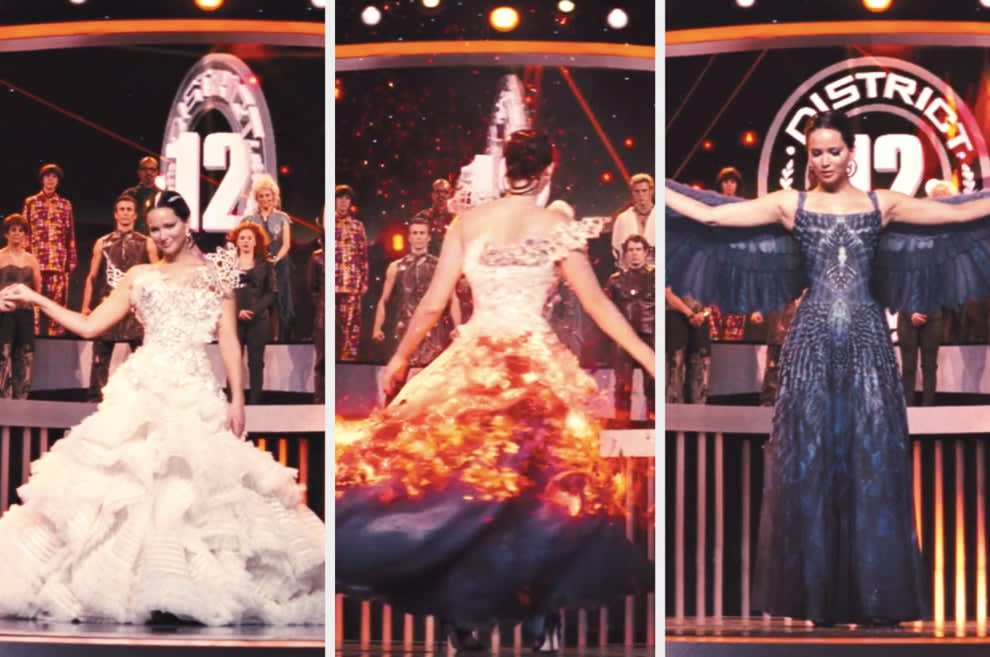 Katniss in an elaborate wedding dress, then she spins and the dress morphs through fire to become a dress with wings