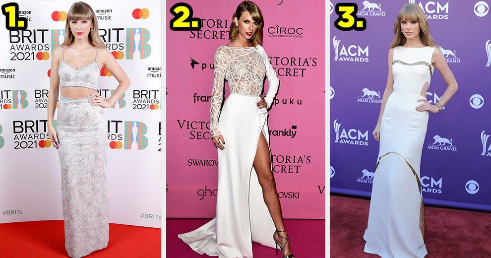 1. Taylor wears a patterned crop top with a matching skirt. 2. Taylor wears a sheer long sleeved gown with a thigh slit. 3. Taylor wears a boatneck gown with metallic detailing and cut outs by her ribs.