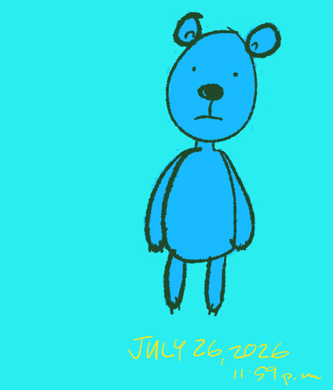 Daily Drawing by Dave Rhoden, July 26, 2026. a blue teddy bear, drawn in haste.