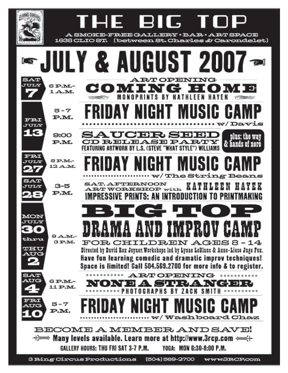 Calendar design for The Big Top art space by David Rhoden