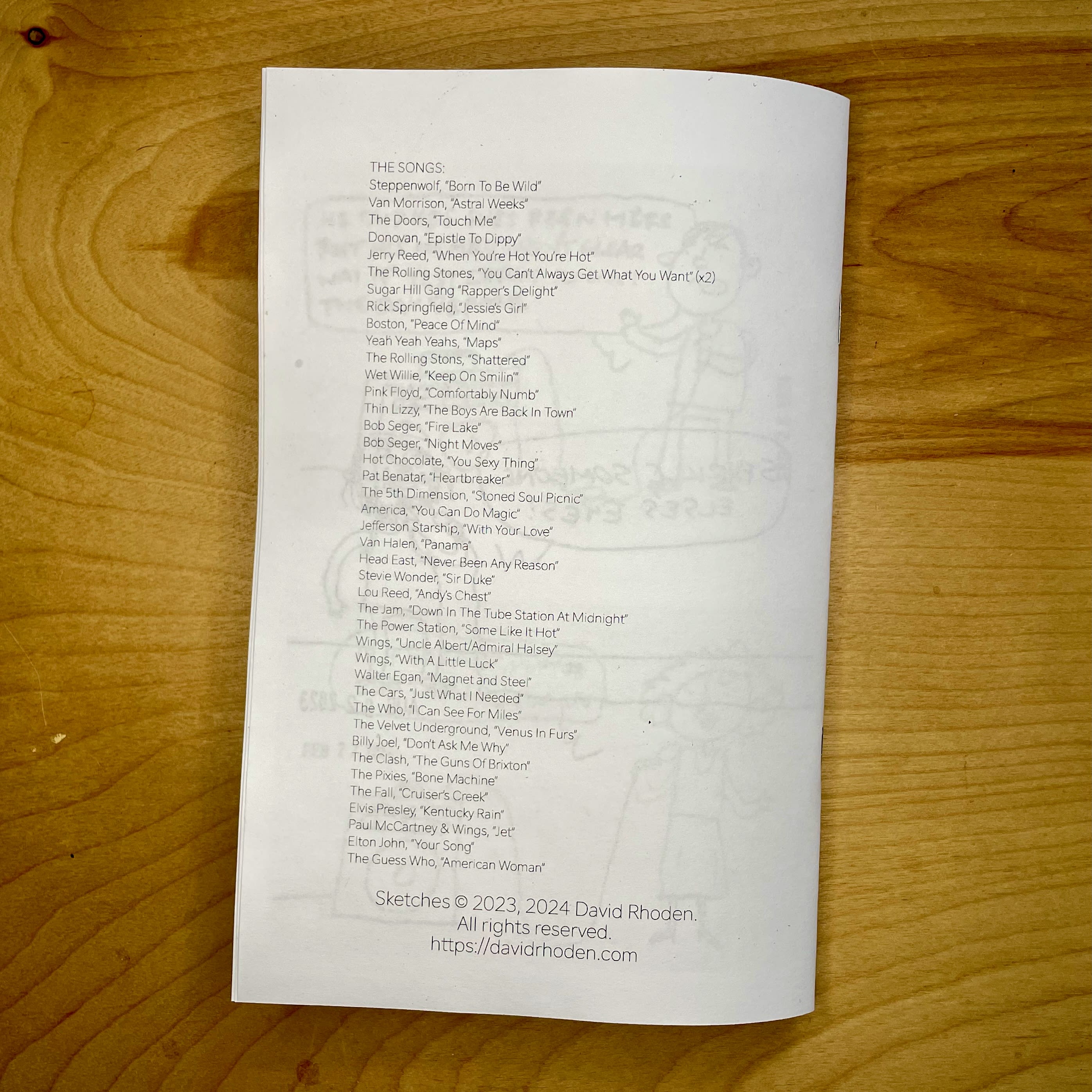 back of karaoke booklet by David Rhoden