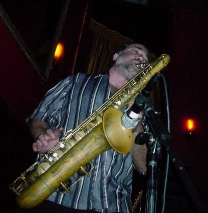 Doug DeRienzo blowing at Circle Bar July 8, 2005.