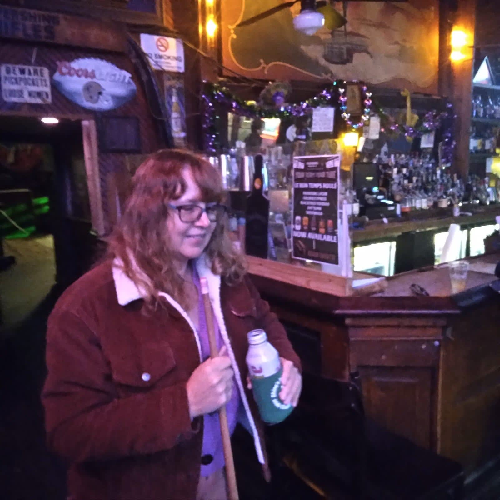 Gina drinking a Coors at Le Bon Temps
