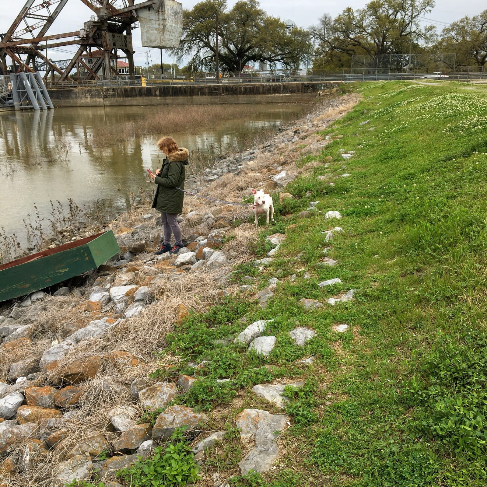 Gina Phillips walking Daisy the dog on the industrial Canal.