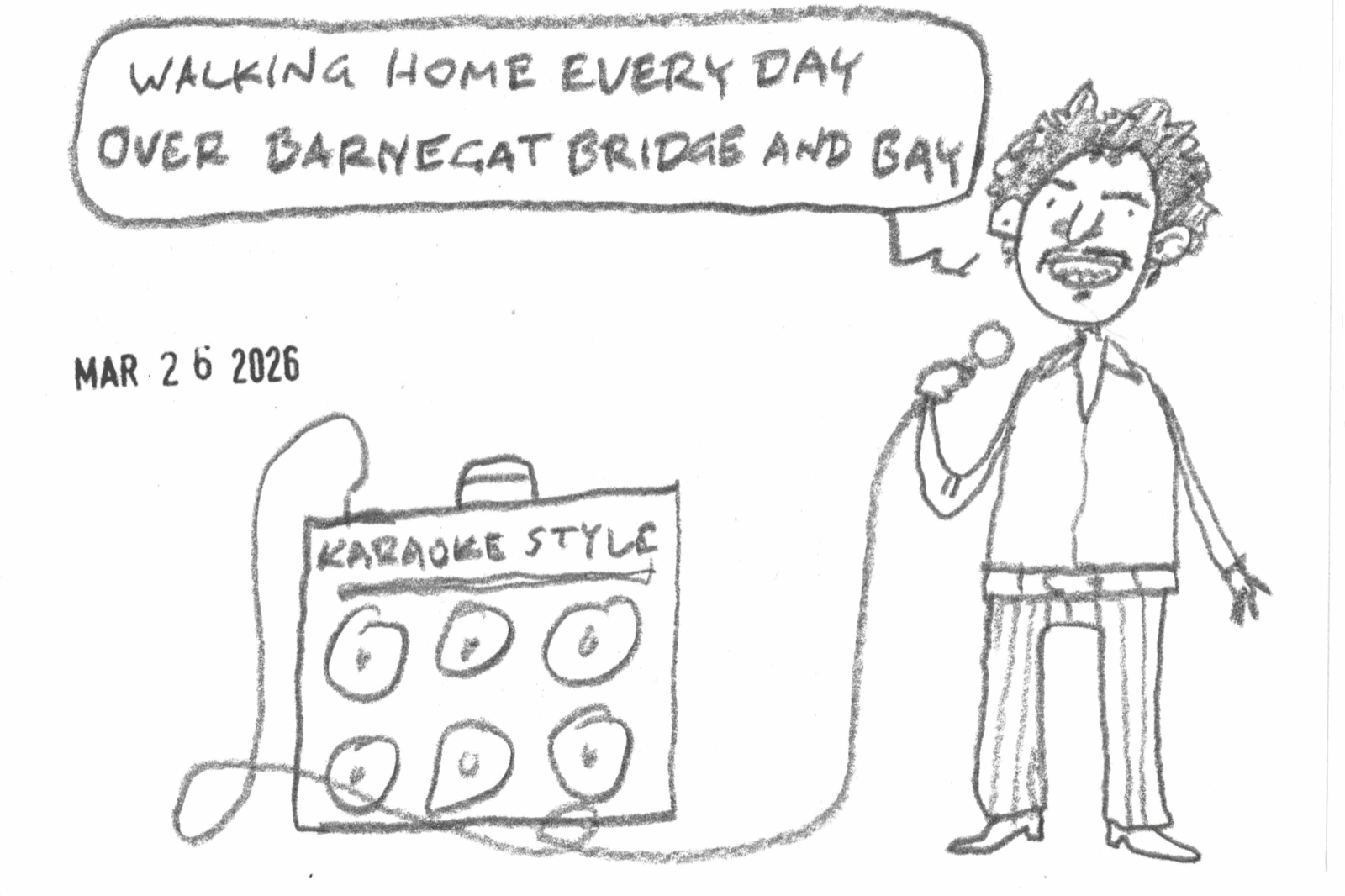 cartoon by David Rhoden of some dude doing karaoke to "My Eyes Adored You", specifically the line about Barnegat Bridge and Bay