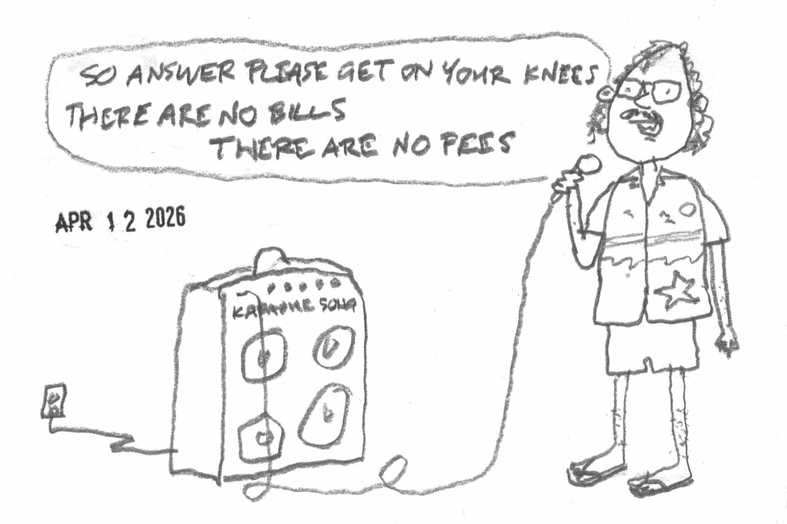 cartoon of man in hawaiian shirt singing "Calling Dr. Love" on a home karaoke machine