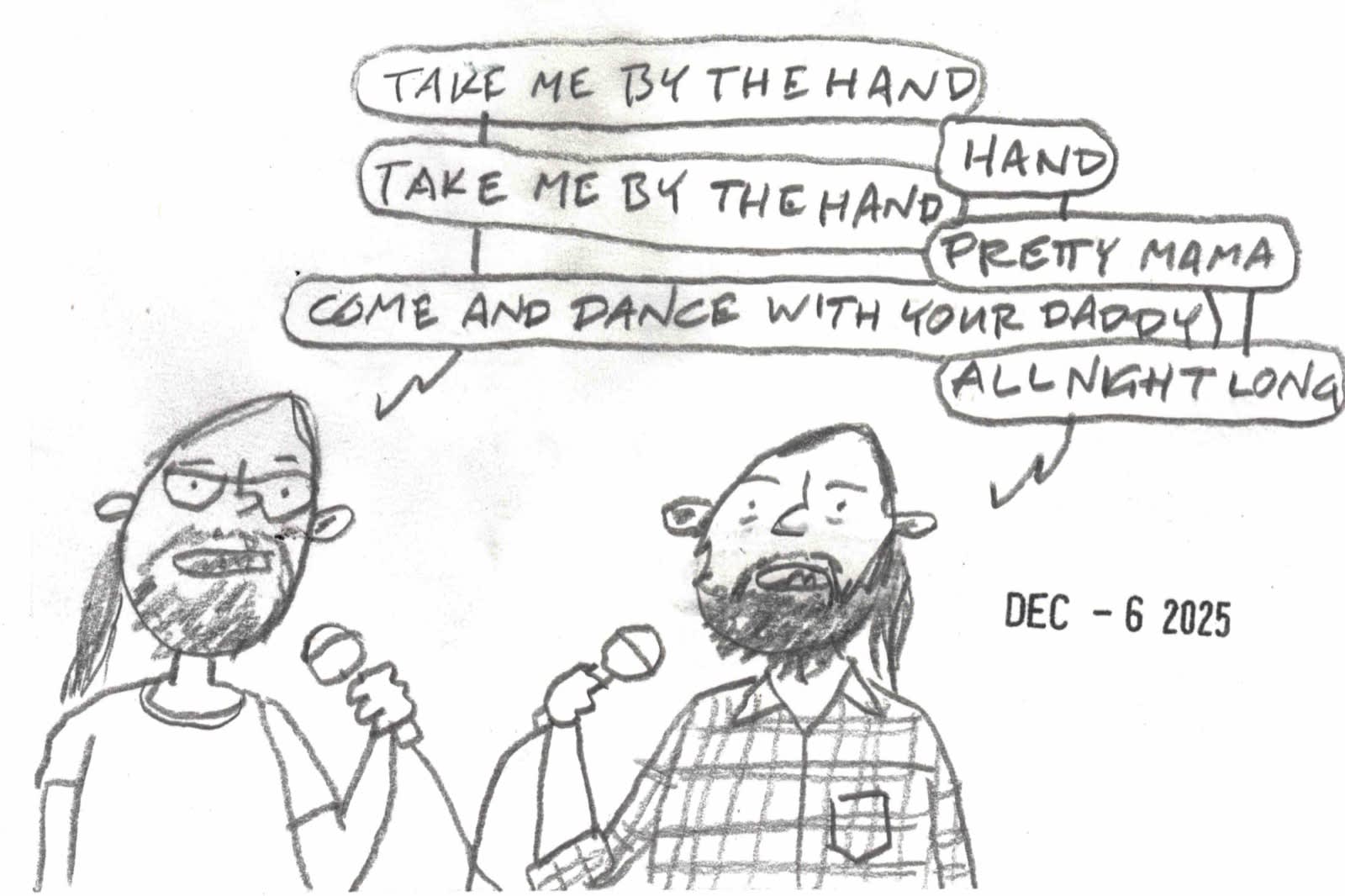 two dudes with ponytails singing "Black Water" togeether at karaoke