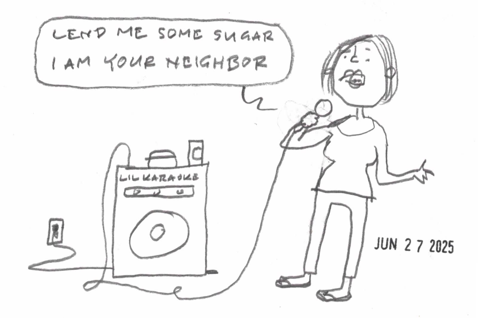 cartoon by Dave Rhoden of woman singing "Hey Ya" on home karaoke machine