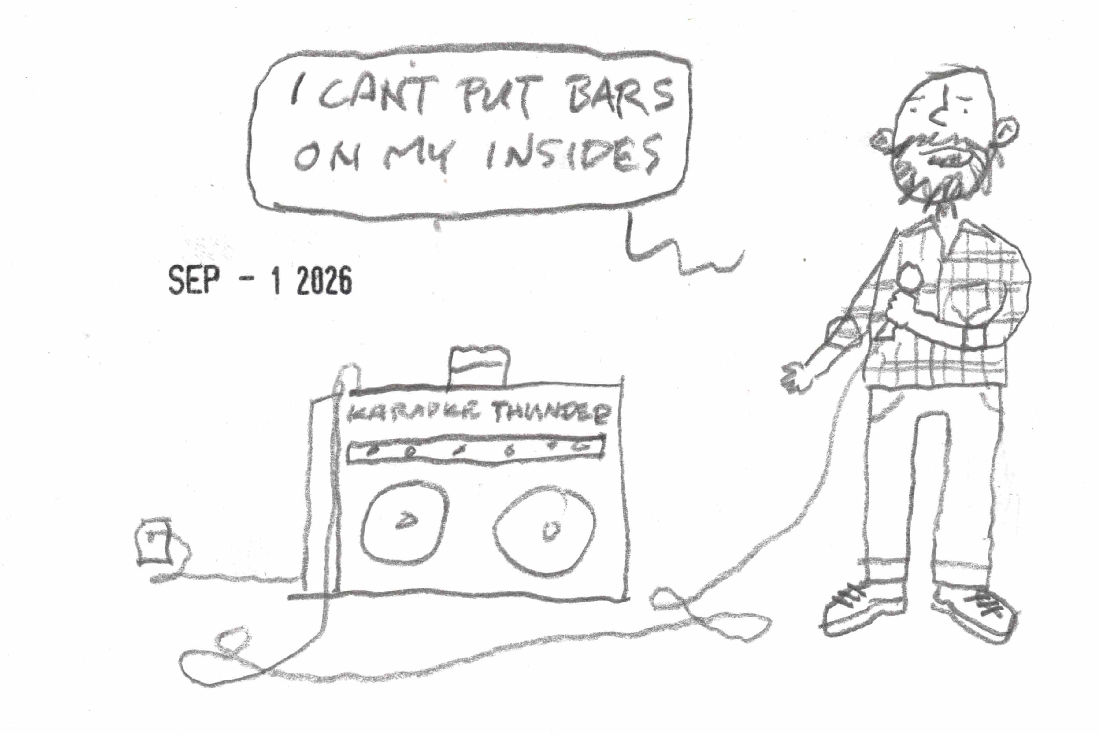 cartoon of man singing "I can't put bars on my insides" on an imaginary home karaoke machine