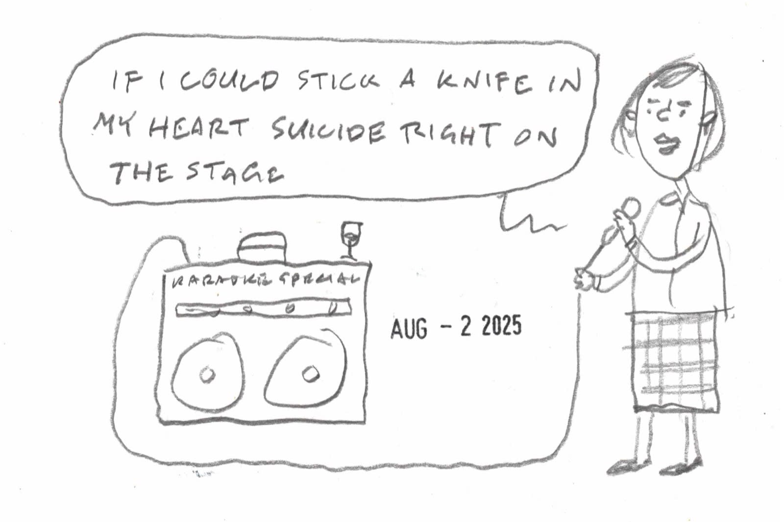 cartoon by Dave Rhoden of a woman singing lyrics from "It's Only Rock and Roll" on a home karaoke machine