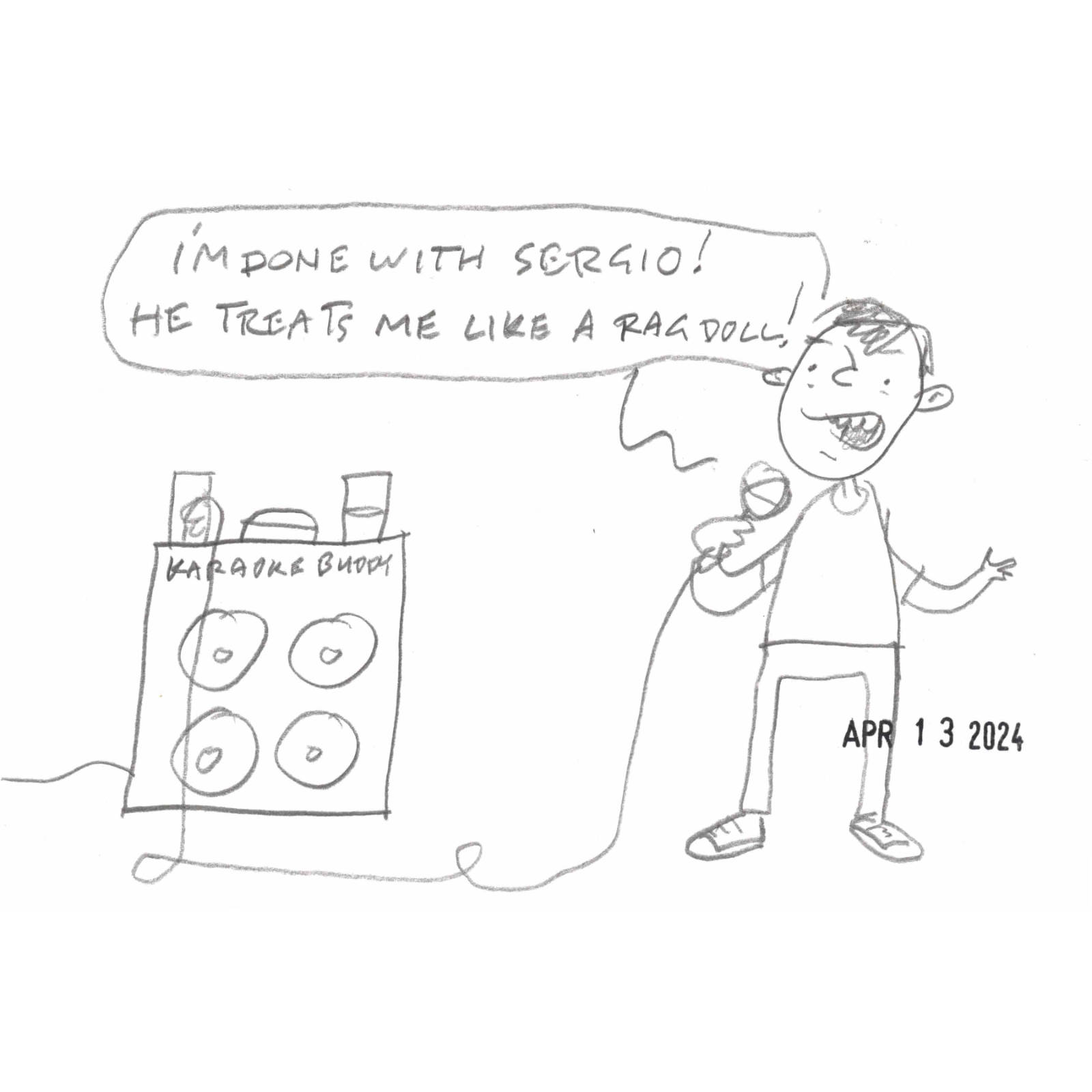 cartoon by Dave Rhoden of man singing Jane Says on a ridiculous home karaoke machine
