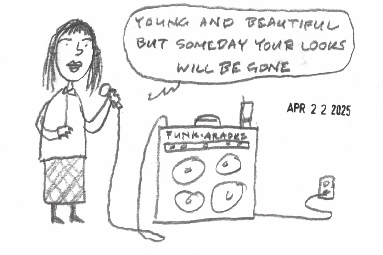 cartoon by David Rhoden of woman singing "Love Will Keep Us Together" on a home karaoke machine