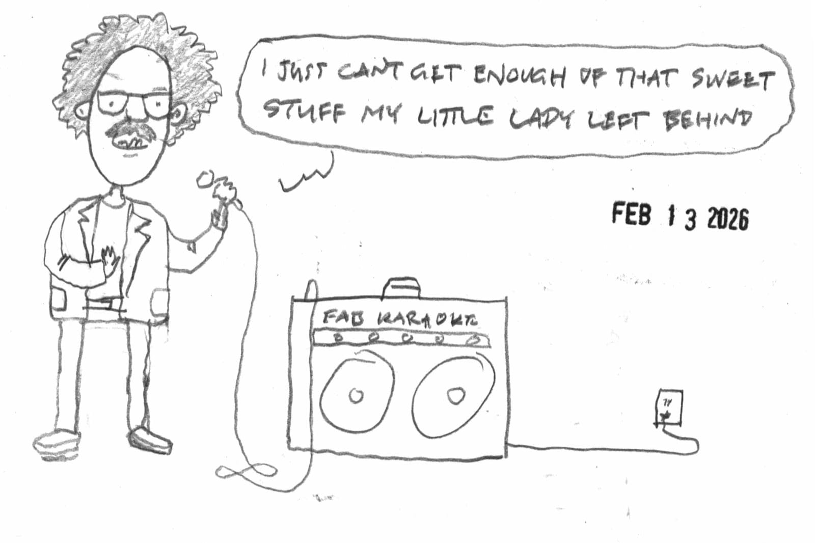 cartoon by Dave Rhoden of a man singing lyrics from "Nineteen Hundred and Eighty Five" by Paul McCartney & Wings on a home karaoke machine
