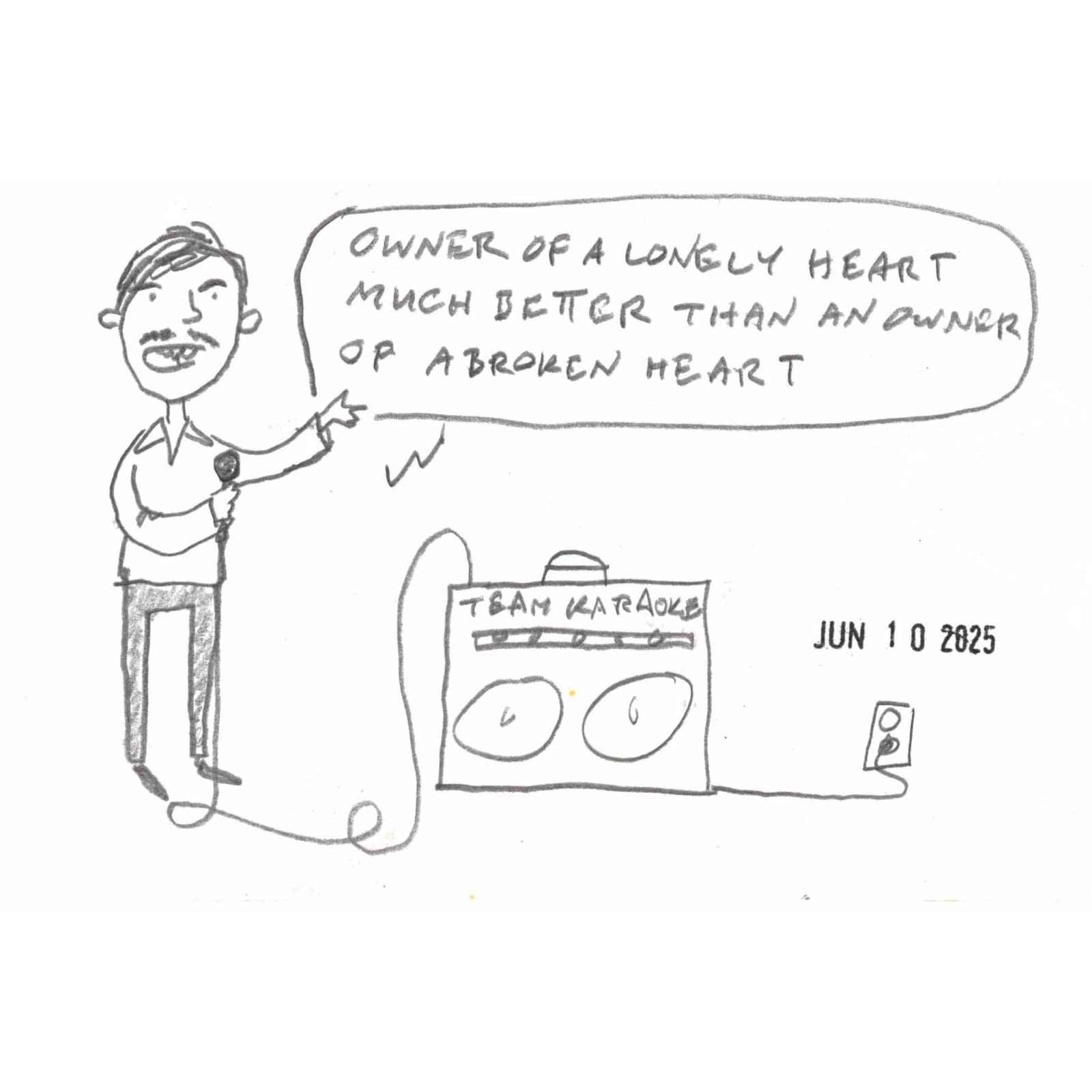 cartoon by David Rhoden of man singing "Owner Of A Lonely Heart" at karaoke