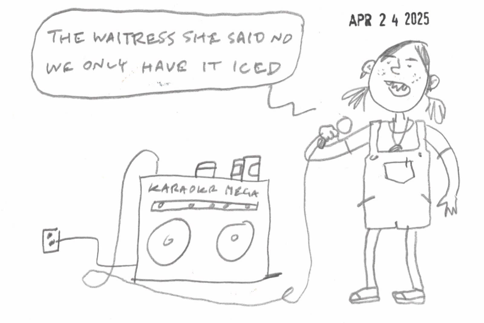 cartoon of a girl singing "Punk Rock Girl" at home karaoke.