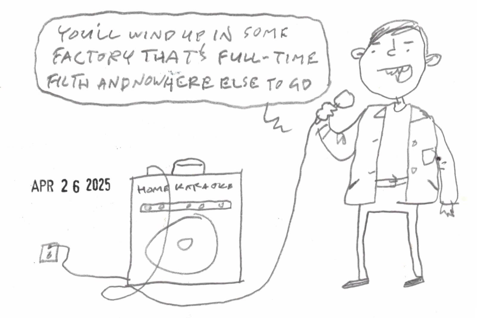 cartoon by David Rhoden of man singing "Don't Go Back To Rockville" lyrics on a home karaoke machine