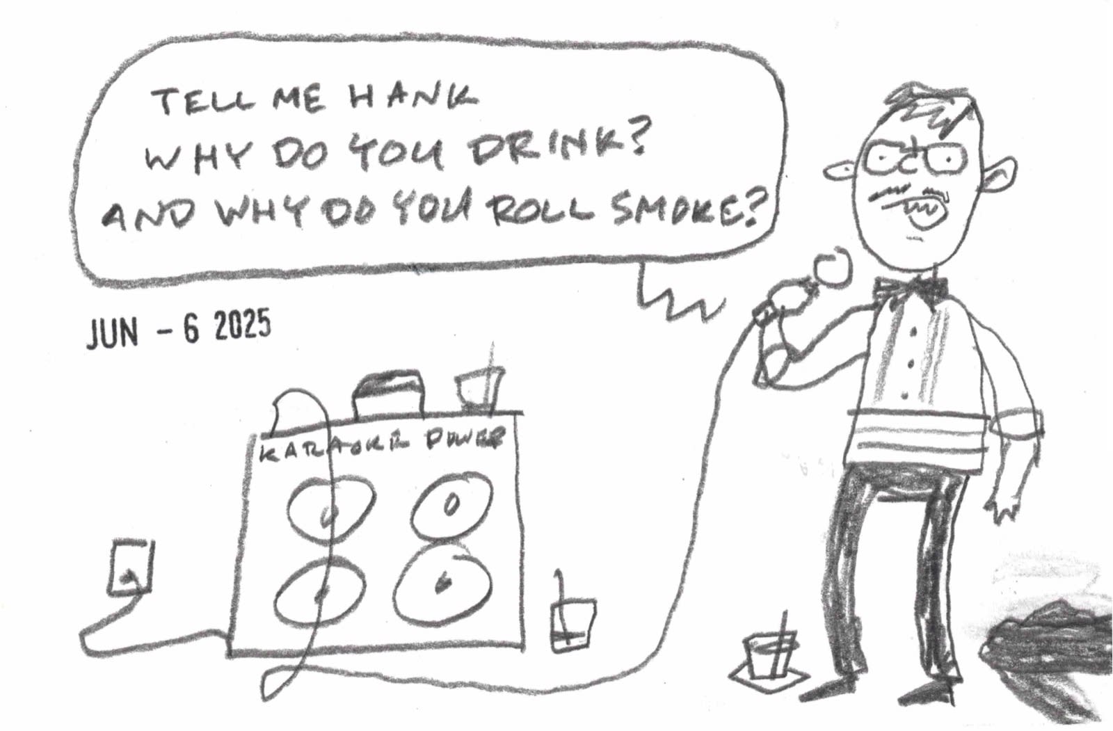 cartoon by Dave Rhoden of man in wedding clothes at karaoke singing "Family Tradition".