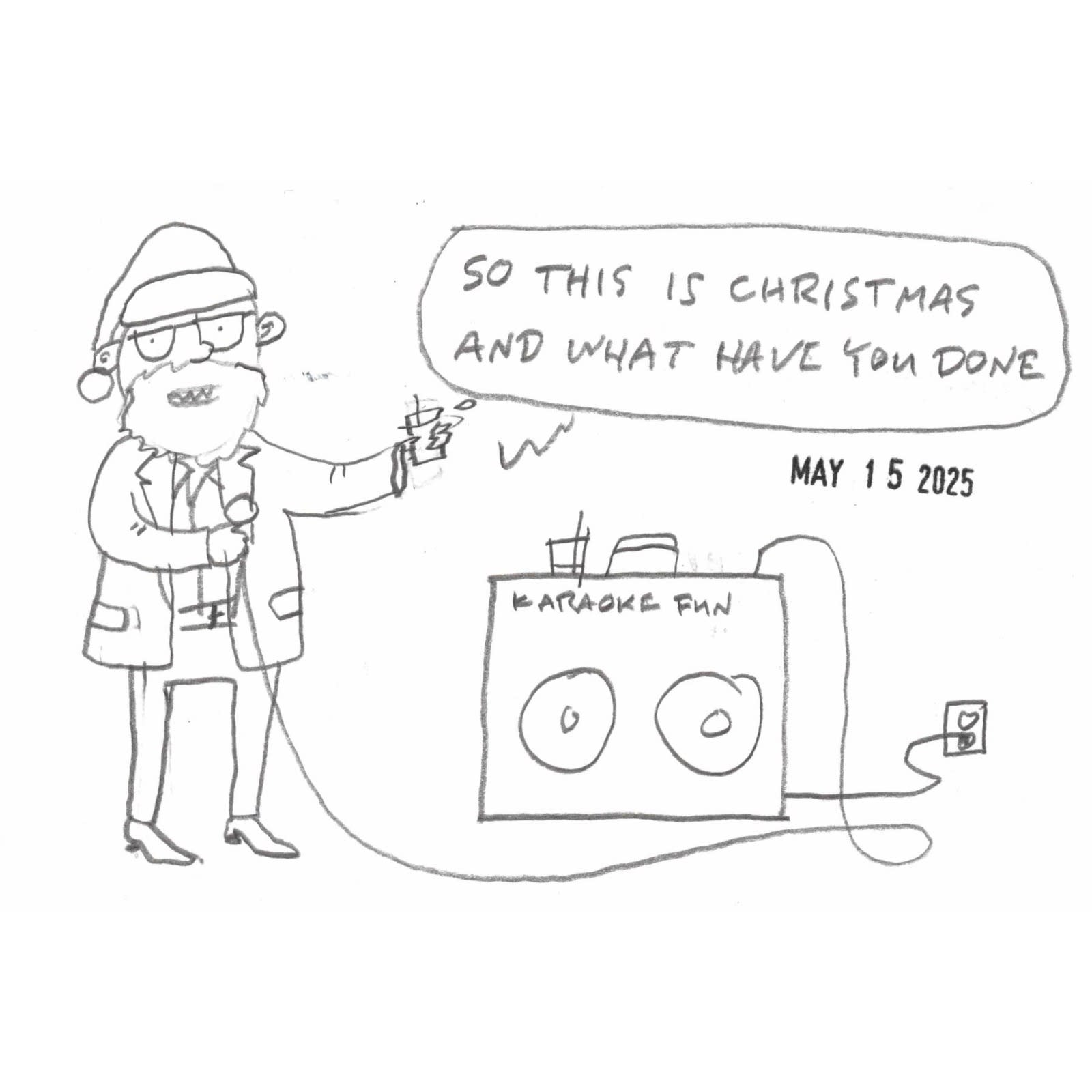 cartoon by Dave Rhoden of man at karaoke singing "Happy Xmas(War Is Over)"