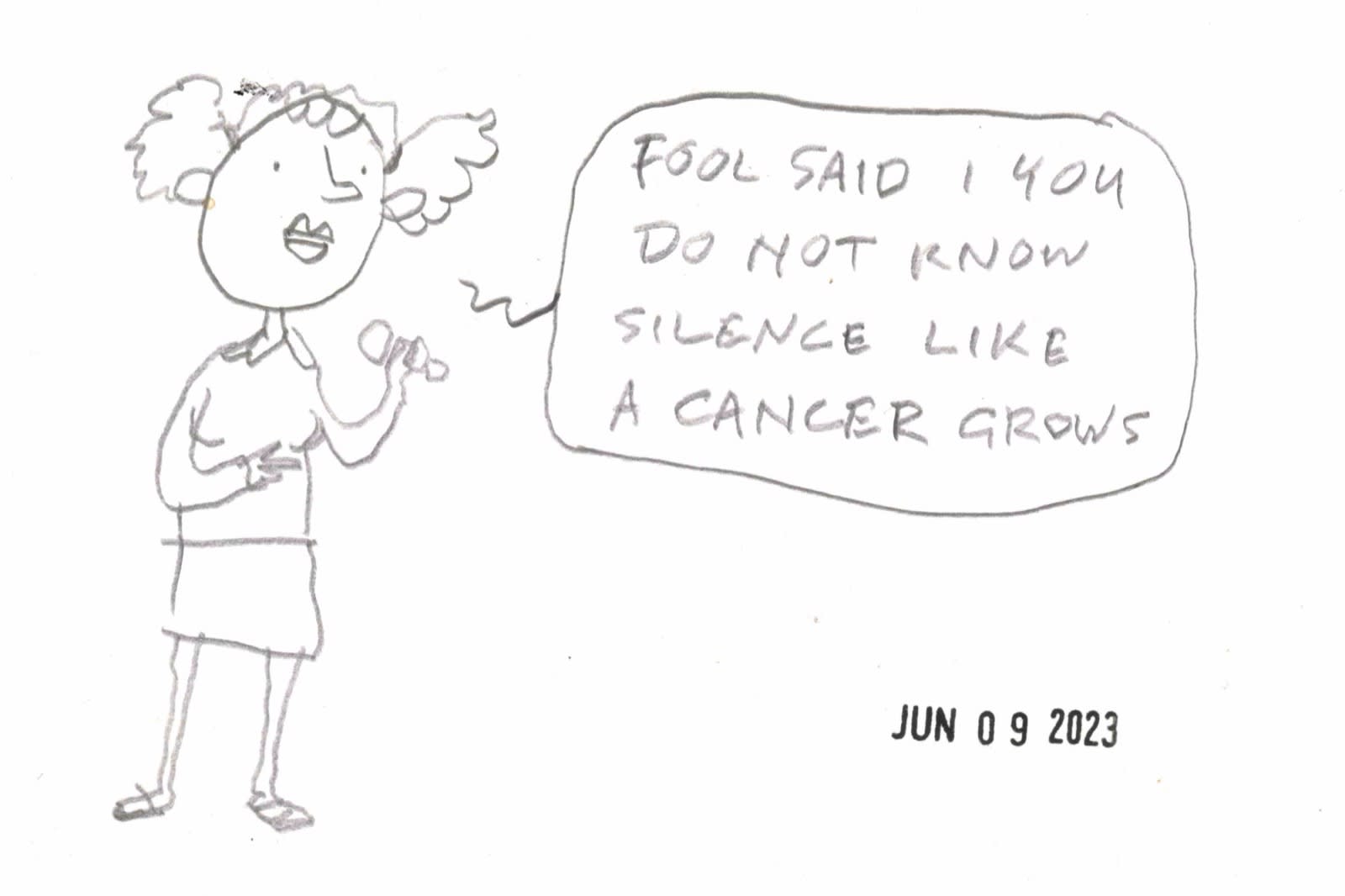 cartoon of woman singing "The Sound Of Silence" on home karaoke machine