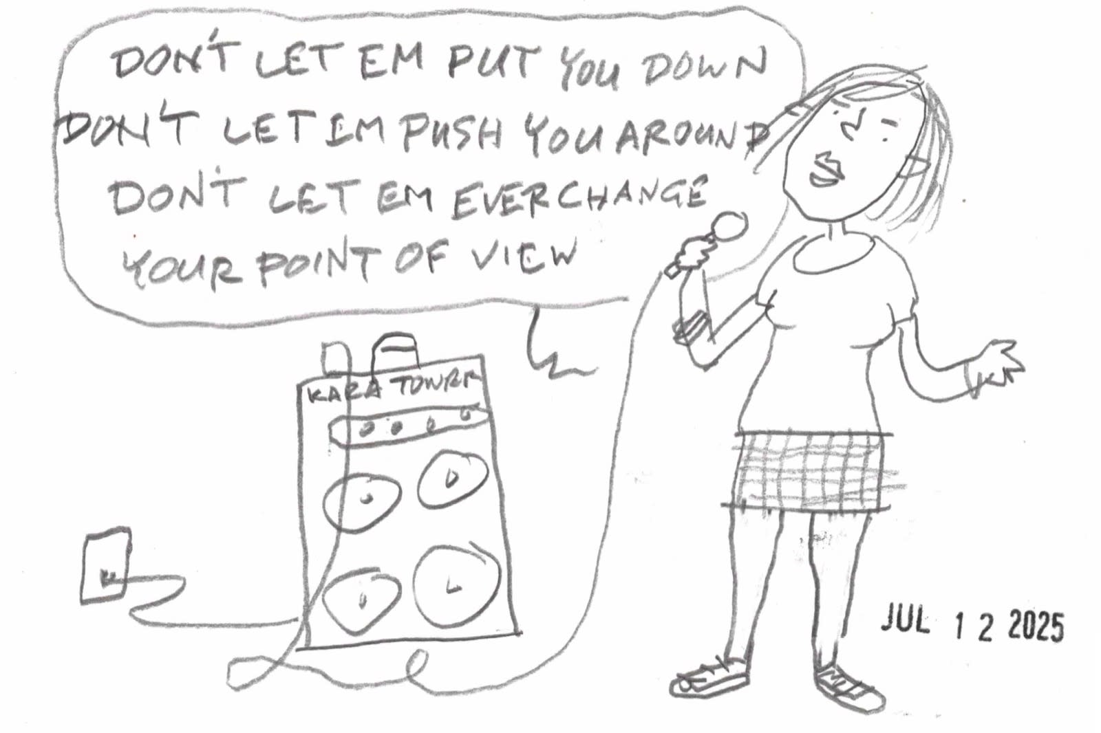 cartoon of woman singing "Young Turks" on a home karaoke machine.