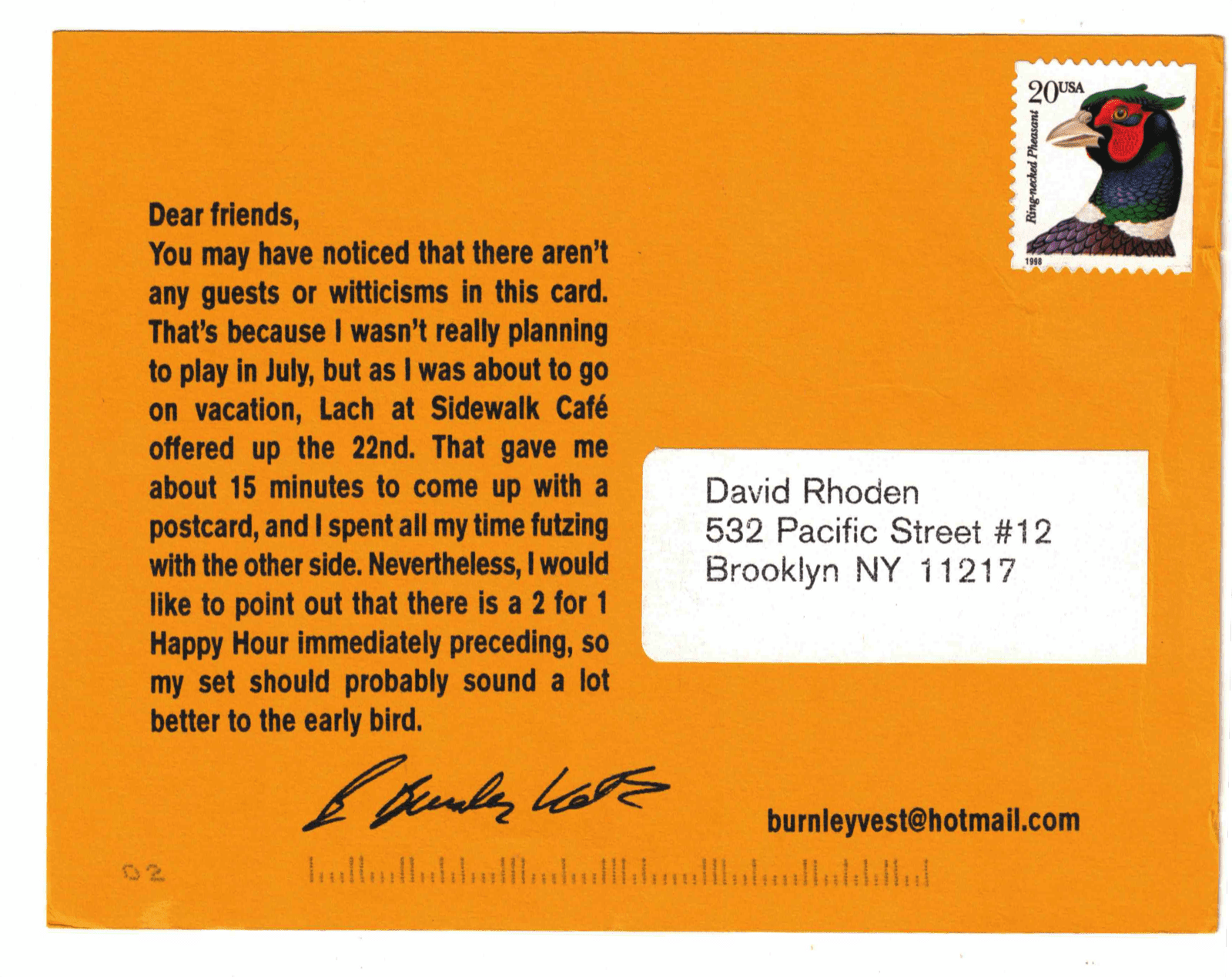 front of mailer advertising Burnley Vest show at Sidewalk Café, NYC