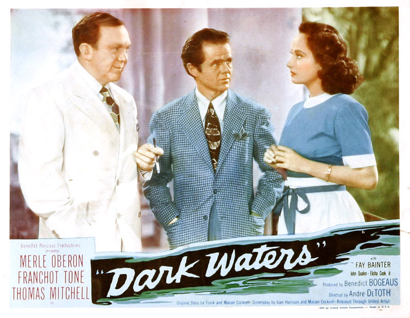 Dark Waters poster with Merle Oberon, Thomas Mitchell, and Elisha Cook Jr.