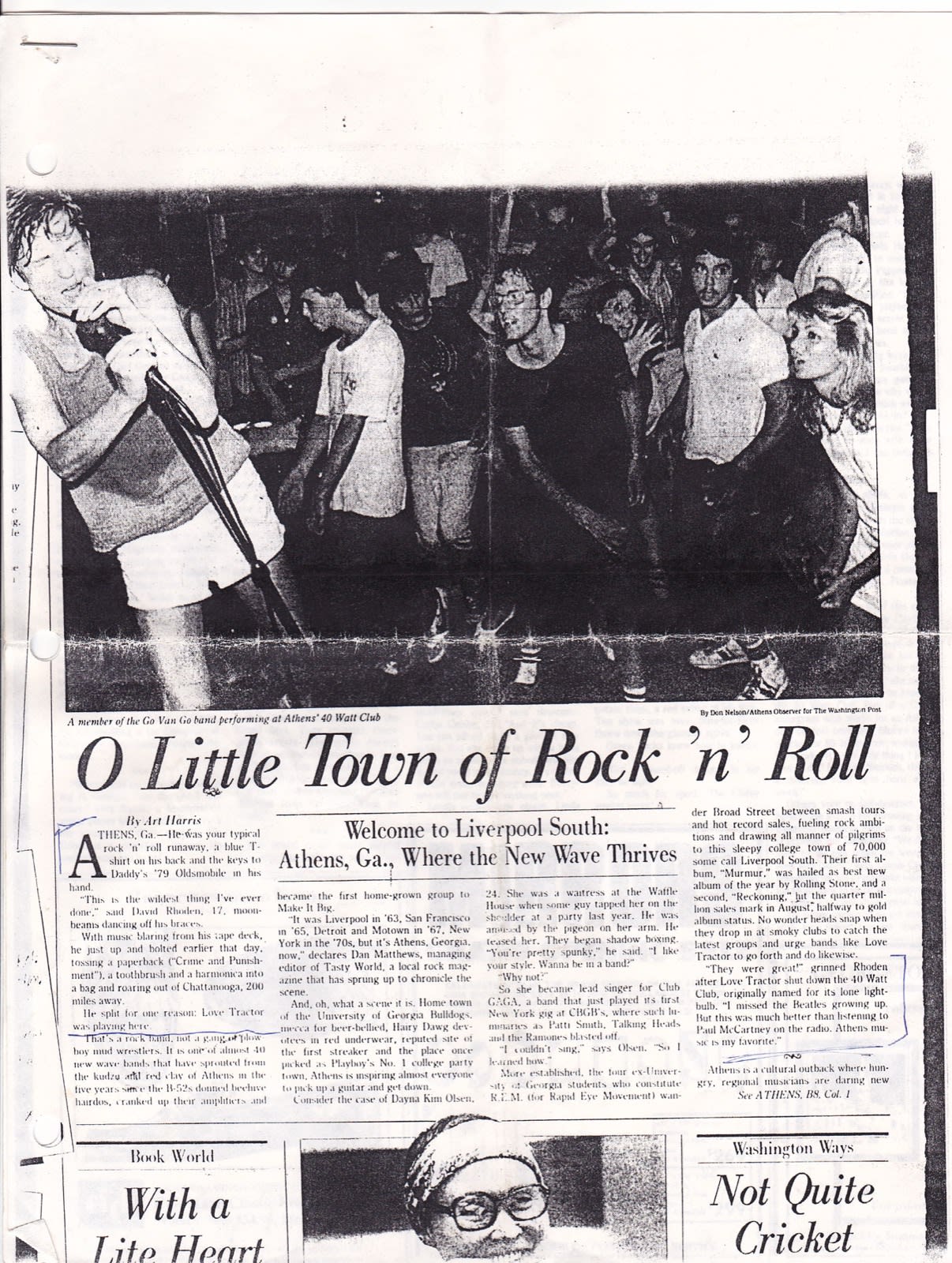 old xerox of article interviewing David Rhoden about Athens music, page 1