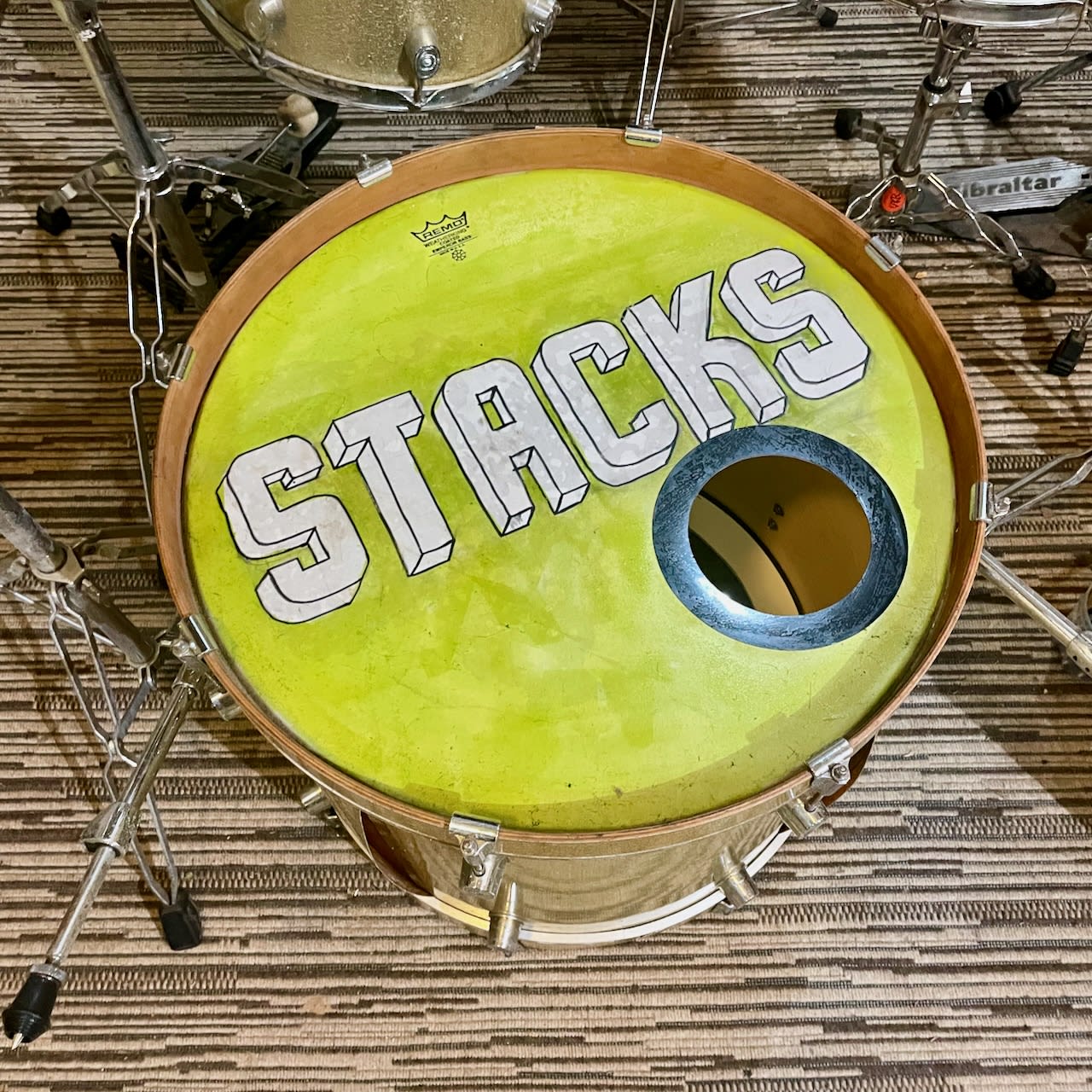 Stacks front kick drum head, painted green today